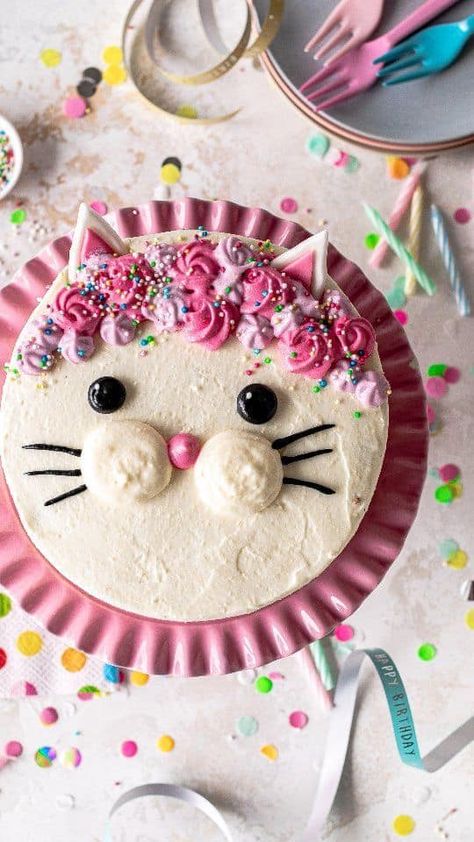 Hello, Yummy Pink Cat Cakes Birthday, Diy Cat Birthday Cake, Easy Cat Cake Birthday, Cat Cake Diy, No Cake Birthday Ideas, Toddler Birthday Cake Ideas, Animal Shaped Cakes, Cat Shaped Cake, Simple Cakes Birthday