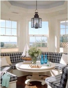 This seating arrangement will be in my dream home! {This is one of my fav blogs.} Round Banquette, Extend Kitchen, Dining Banquette, Beach Dining, Kitchen Banquette, Blue Shutters, Dream Beach Houses, Tropical Home Decor, Window Seats