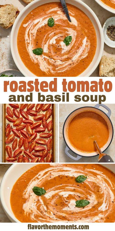 Roasted Tomato and Basil Soup is one of the best ways to use fresh tomatoes! It's bursting with the flavors of garlic, basil and roasted tomatoes, and it's so easy to make! #tomatoes #souprecipes #vegan Homemade Roasted Tomato Soup, Tomato Soup Recipe With Fresh Tomatoes, Tomato Soup From Fresh Tomatoes, Tomato Soup With Fresh Tomatoes, Creamy Roasted Tomato Soup, Tomato Soups, Tomato And Basil Soup, Roasted Tomato Soup Recipe, Roast Tomato Soup Recipe