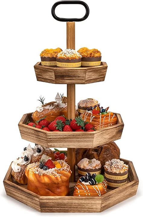 Emfogo Tiered Tray, 3 Tier Wooden Serving Tray for Cupcake Cake Fruit Dessert Stand, Farmhouse Decorative Tray for Party Wedding Home Decor(Rustic Brown) 3 Tier Serving Tray, Tiered Dessert Stand, Tiered Tray Stand, Cupcake Tiers Stand, Cake Fruit, Wooden Serving Tray, Coffee Tray, Wedding Home Decor, Kitchen Tray