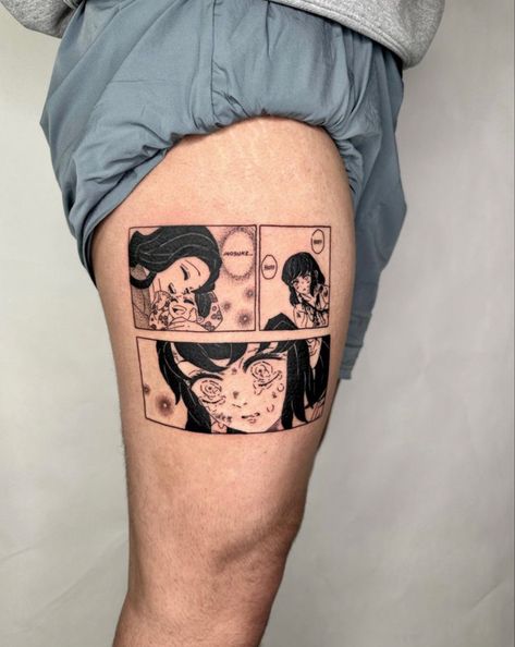 By Liv at Nice Tattoo Parlor Demonslayer Inosuke, Illustrative Tattoo, Mirror Tattoos, Line Drawing Tattoos, Art Inspired Tattoos, Demon Slayer Manga, Wrap Around Tattoo, Phrase Tattoos, Surreal Tattoo