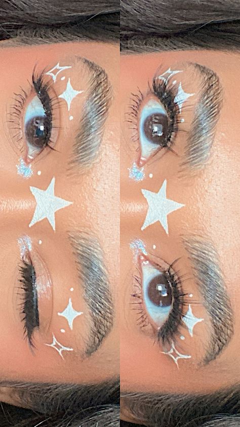 White Eyeliner Looks Aesthetic, New Years Graphic Eyeliner, Easy Space Makeup, Lavender Graphic Liner, Cute Star Makeup, Metallic Graphic Liner, Firework Eyeliner, Stars On Face Makeup, Star Graphic Liner Makeup