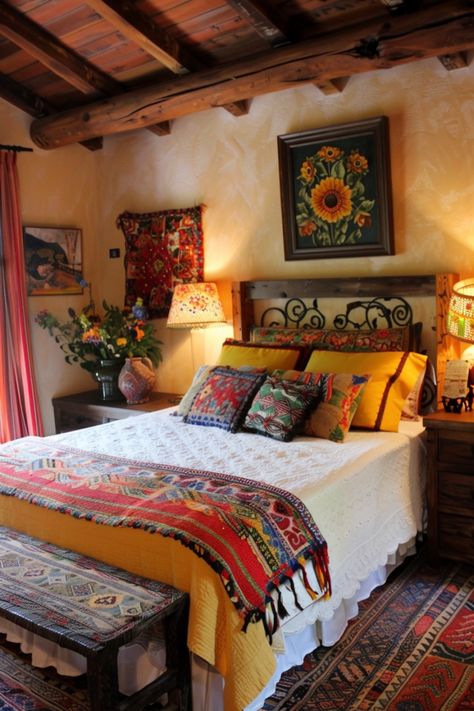 Design your Mexican farmhouse bedroom, kitchen, bathroom, living room, and more with these 15 decor tips. Hacienda Bedroom Decor, Mexican Colonial House Interior Design, New Mexico Decor Interior Design, Mexican Apartment Aesthetic, Mexican Bedroom Aesthetic, Mexican Home Aesthetic, Mexican Apartment Decor, Mexican Home Decor Bedroom, Modern Mexican Bedroom