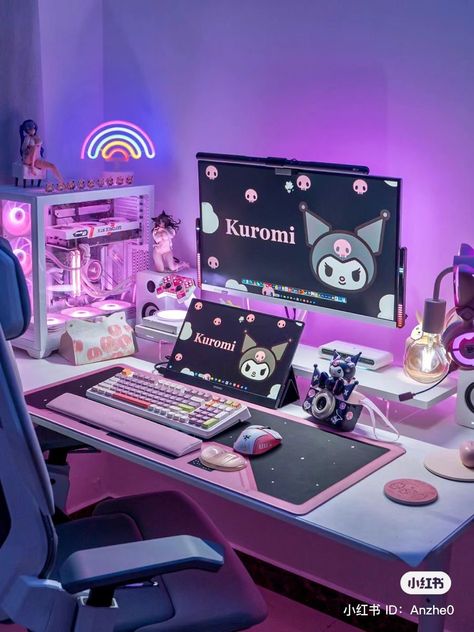 Kuromi Gaming Setup, Gaming Setup Bedroom, Kuromi Room, Gaming Entertainment Center, Games Room Inspiration, Gothic Decor Bedroom, Purple Games, Gaming Rooms, Witch Room Decor