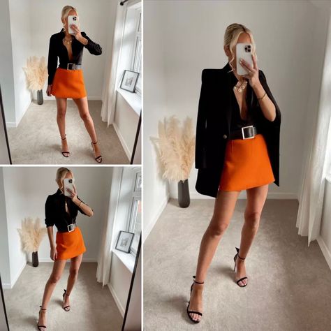 #orange #alineskirt Orange Skirt Outfit Ideas, Short Silk Skirt Outfit, Orange Skirt Outfit, Silk Skirt Outfit, Orange Skirt, Orange Shorts, Skirt Outfit, Silk Skirt, Skirt Outfits