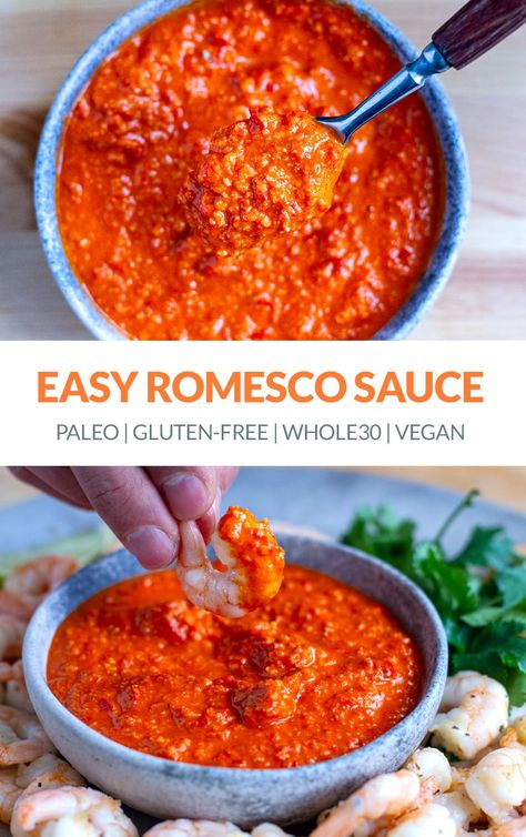 Red Pepper Romesco Sauce Recipe. Made with roasted red, pickled peppers, almonds, garlic and olive oil. It's a great condiment that is gluten-free, bread-free, vegan, paleo, Whole30 friendly. Serve with fish, chicken, seafood, vegetables, salads and more. #romesco #romescosauce #saucerecipes #redpeppers #almonds #spanish #paleo #vegan, #glutenfree #whole30 Shrimp Dipping Sauce, Paleo Condiments, Gluten Free Sauces, Paleo Sauces, Pickled Peppers, Garlic And Olive Oil, Romesco Sauce Recipe, Miso Butter, Romesco Sauce