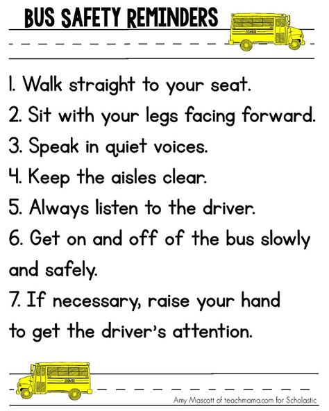 Download This Printable for School Bus Safety Week | Parents | Scholastic.com Bus Safety Kindergarten, Bus Safety For Preschoolers, School Bus Safety Free Printable, Bus Rules, Safety Town, School Bus Driving, School Bus Safety, Energy Bus, Transportation Safety