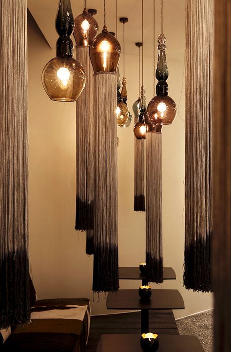 Tassel Light Stairwell Chandelier, Luxury Lighting Design, Macrame Lamp, Tassel Wall, Glass Lights, Martini Bar, Rope Decor, Dip Dyed, Lighting Design Interior