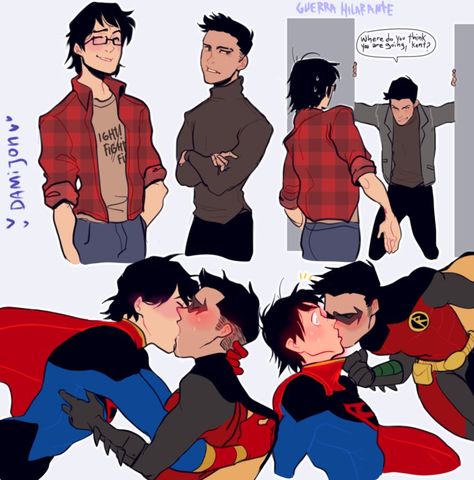 (Credit to artist ) I love damijon so much💓💓 Dc Comics Funny, Superman X Batman, Hiro Big Hero 6, Robin Comics, Superman X, Robin Dc, Univers Dc, Batman Funny, Batman Comic Art