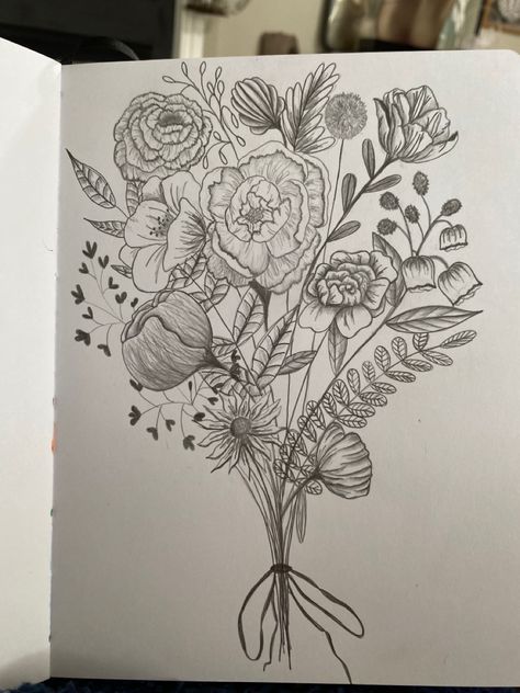 Drawing with pencil in journal of a bouquet of flowers Flower Bouquet Drawing Realistic, Sketch Of Bouquet Of Flowers, Flower Drawings Bouquet, Bouquet Sketch Drawings, Flower Bouquet Sketch Simple, Bouquet Of Flower Drawing, Peonies Bouquet Drawing, How To Draw Flower Bouquet, Wild Flower Bouquet Drawing