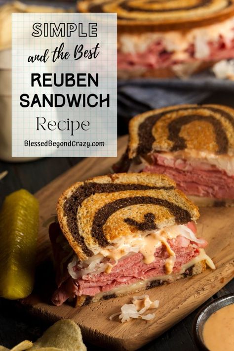 Photo of a delicious Reuben sandwich cut in half and ready to eat. Best Reuben Sandwich, Wine Marinade, Reuben Sandwich Recipe, Reuben Sandwiches, Cooking Beef, Reuben Sandwich, Homemade Meals, Sandwich Board, Sandwiches For Lunch