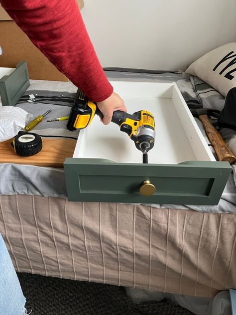 Attach the brass knobs to the IKEA Alex drawers Ikea Alex Drawers With Handles, Ikea Alex Drawers Lego, Diy Ikea Alex Desk, Ikea Alex Drawers Hack Diy, Ikea Hacks Alex Drawer, Diy Ikea Alex Drawers, Ikea Hack Alex Drawers, Alex Desk Ikea Ideas, Alex Ikea Drawers Hack