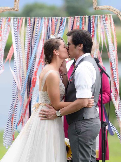 19 Stunning Outdoor Wedding Arch Ideas | TheKnot.com Backyard Wedding Ceremony Backdrop, Wedding Ribbon Backdrop, Decorate A Wedding Arch, Colorful Rustic Wedding, Ribbon Curtain, Colorful Rustic, Wedding Arches Outdoors, Diy Wedding Arch, Wedding Arbors