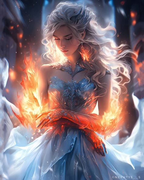 Fire And Ice Fantasy Art, Ice Magic Fantasy Art, Fantasy Fire Kingdom, Water And Fire Aesthetic, Fire And Ice Powers, Ice Kingdom Fantasy Art, Fire And Ice Drawing, Fire Queen Aesthetic, Roslyn Aesthetic