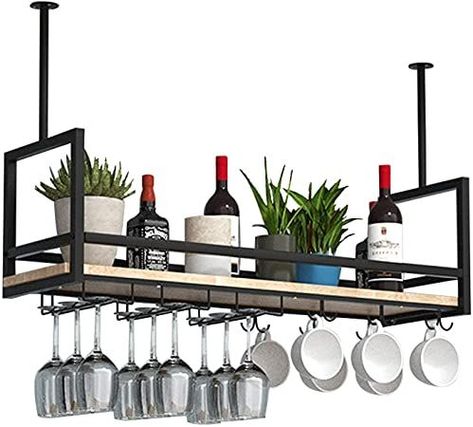 High Ceiling Shelf Decor, Floating Shelves For Kitchen, Ceiling Shelf, Black Kitchen Shelves, Hanging Shelf Kitchen, Hanging Storage Shelves, Shelves For Kitchen, Wine Glass Shelf, Hanging Wine Glass Rack