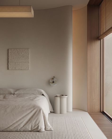 Soft Minimalist Interior, Warm Minimalist Bedroom, White Wood Interior, Minimal Bedrooms, Minimalist Hotel, Warm Minimalist Home, Bedroom Modern Minimalist, Beautiful Bed Designs, Concrete Effect Paint