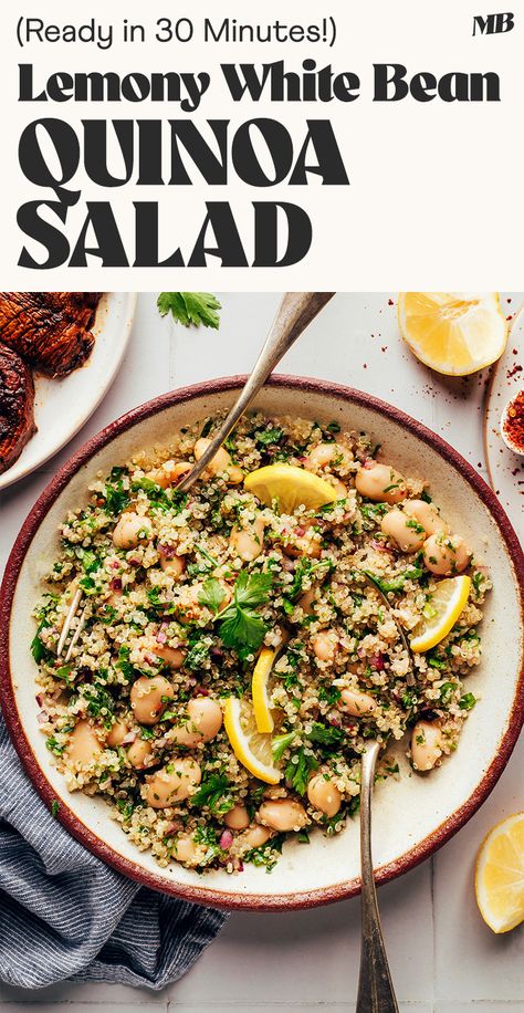 Easy, nourishing white bean quinoa salad with fresh parsley, garlic, lemon, and a subtle kick from red pepper flakes. Just 10 ingredients, 1 bowl, and 30 minutes required for this fiber-packed, plant-based side! Bean Quinoa Salad, Bean Quinoa, White Bean Recipes, Grilled Romaine, White Bean Salad, Minimalist Baker, Heart Healthy Diet, Vegan Salads, Spring Vegetables