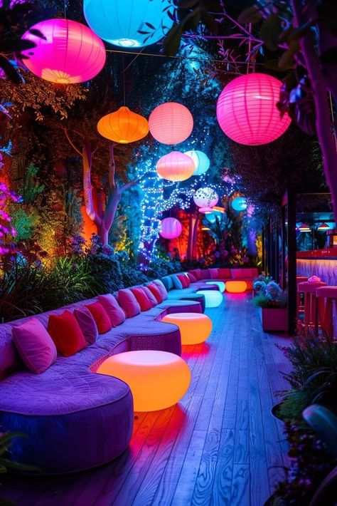 29 Garden Party Decor Ideas to Elevate Your Outdoor Celebrations 11 Colorful Event Design, Bright Color Restaurant Design, This Or That Birthday, Patio Cocktail Party, Techno Theme Party, Garden Theme Restaurant, Music Themed Party Ideas, Front Yard Party Set Up, Fluorescent Furniture