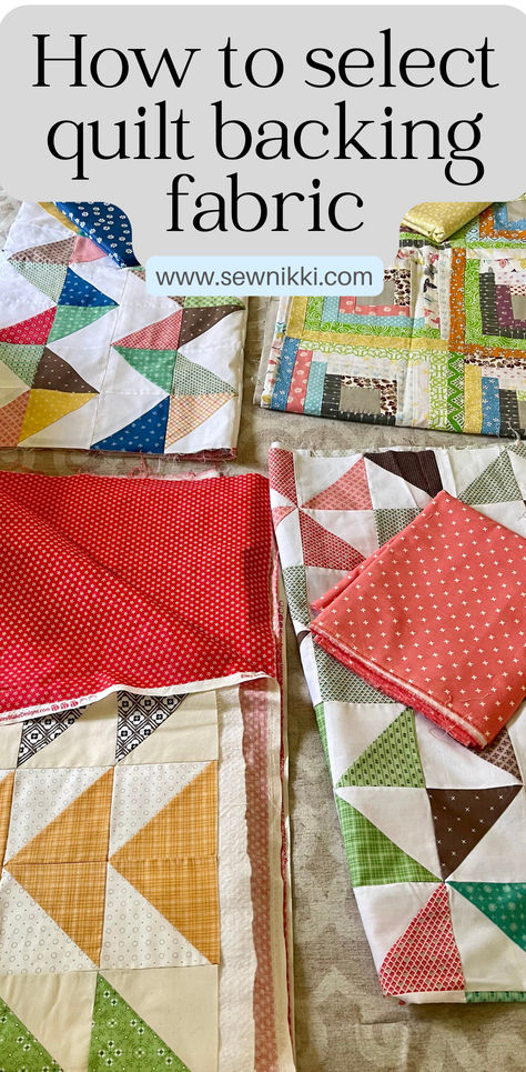 finished quilt tops with quilt backing fabric laying on bed How To Use Quilting Templates, How To Back A Quilt, How To Sew Quilt Squares Together, Quilt Backing Fabric, How To Put A Quilt Together, How Much Fabric Do I Need For A Quilt, Quilt As You Go Patterns Free, Quilt Backing Ideas, Small Sewing Space