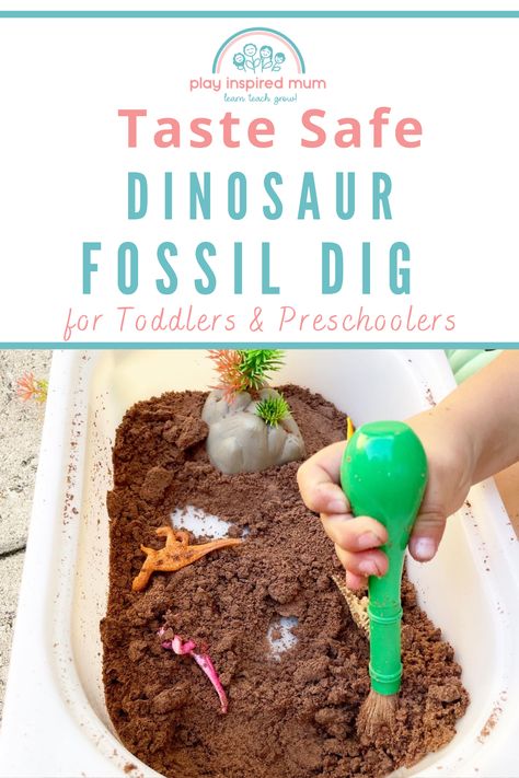 plastic dinosaur toys hidden in taste safe dirt with toddlers hand holding paintbrush Dino Dig Sensory Bin, Dinosaur Storytime, Sensory Bin Diy, Dinosaur Fossil Dig, Sand Activities, Dinosaur Week, Fossils Activities, Diy Kinetic Sand, Dinosaur Lesson