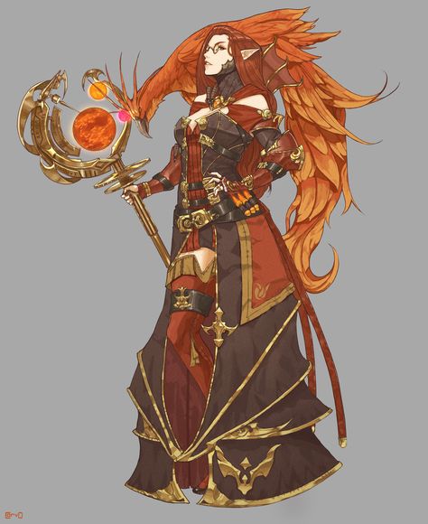 Phoenix Sorcerer Dnd, Fire Elf Female, Fire Characters Design, Fire Mage Character Design, Eladrin Character Design, Pyromancer Character Design, Tactical Wizard, Fire Mage Art, Cool Wizard Art