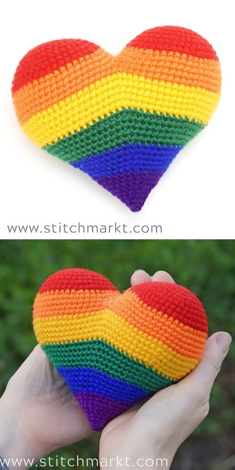 Crochet Rainbow Heart Free Pattern, Rainbow Amigurumi Free Pattern, Rainbow Friends Crochet Pattern Free, Free Pride Crochet Patterns, Pride Amigurumi, Crochet Rainbow Pattern Free, Rainbow Crochet Pillow, Crochet Pride Patterns, Pride Crochet Patterns