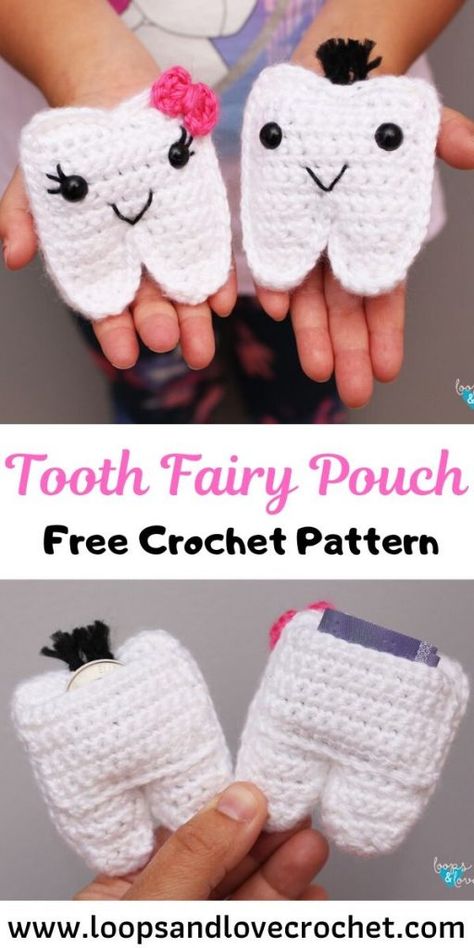 Tooth Fairy Pouch - Free Crochet Pattern Loops & Love Crochet Fairy Minecraft, Crochet Tooth Fairy, Crochet Tooth, Tooth Fairy Pillow Pattern, Stars Origami, Tooth Fairy Pouch, Origami Dollar, Fairy Crochet, Flowers Origami