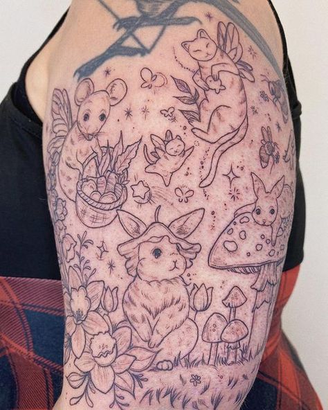 Mythical Creature Tattoo Ideas, Woodland Creatures Tattoo Sleeve, Cottagecore Aesthetic Tattoo, Whimsical Garden Tattoo, Woodland Animal Tattoo, Critter Tattoo, Woodland Tattoo Sleeve, Mythical Creatures Tattoo, Enchanted Forest Tattoo