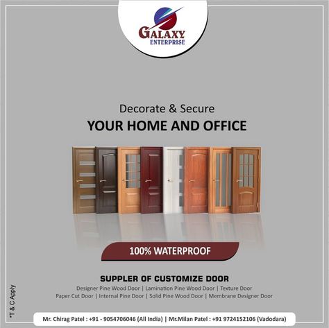 Design Your New Door With 100% Waterproof For Inquiry & Information Call or Whatsapp : +91 - 9054706046 . . . . e-Mail : galaxyenterprise46@gmail.com #galaxyenterprise #designerdoor #wooddoor #pinedoor #supplierofdoor #ahmedabad #gujarat #india #waterproofdoor Hotel Marketing Design, Company Banner, Dental Advertising, Door Poster, Dental Art, Graphic Design Ads, Social Media Poster, Poster Ads, Backdrop Design