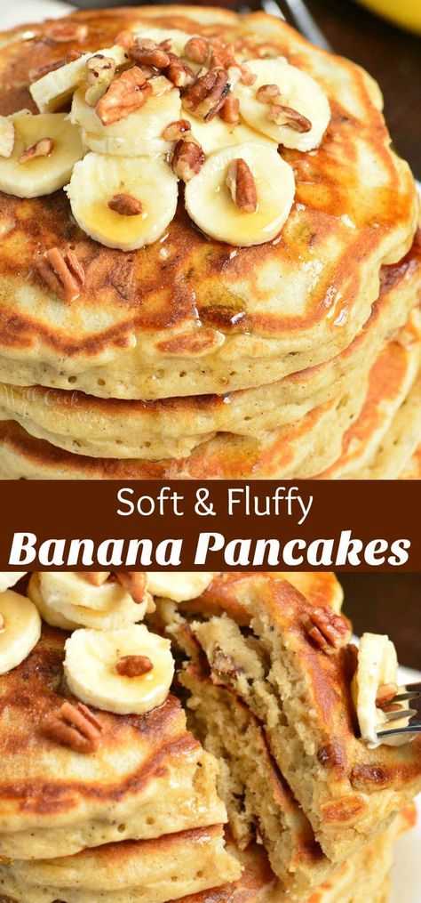 Banana Pancakes. Soft and fluffy pancakes made with mashed bananas, cinnamon, and nuts. Perfect recipe to use up over-ripe bananas. #breakfast #pancakes #banana Breakfast Danish, Banana Nut Pancakes, Fluffy Banana Pancakes, Pancakes Banana, Ripe Banana Recipe, Banana Pancakes Recipe, Pancake Recipe Easy, Banana Breakfast, Ripe Bananas