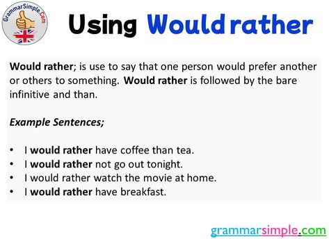 Using Would rather and Example Sentences - Grammar Simple Movie At Home, I Would Rather, A Sentence, Backyard Inspo, That One Person, English Phrases, Learn English Words, English Grammar, English Words