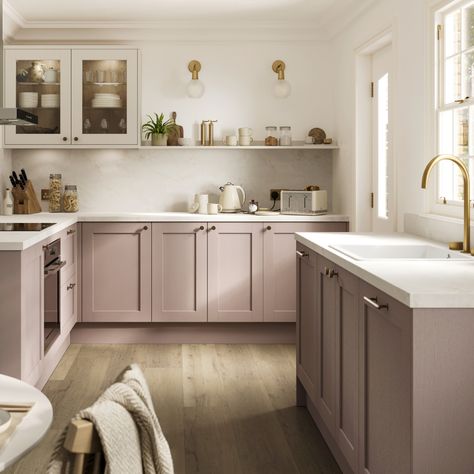 Infuse your shaker kitchen design with vibrant pink kitchen inspiration, creating a unique and lively atmosphere. Embrace the charm of pink kitchen ideas, adding a playful touch to your kitchen aesthetic. Explore the trend of two-tone kitchen cabinets, blending pink kitchen cabinets with white kitchen cabinets for a modern twist on classic design. Finish with white kitchen worktop ideas and brass kitchen hardware. Explore Halesworth Antique Rose Kitchen with Howdens. Howdens Shaker Kitchen, Pink Kitchen Inspiration, White Kitchen Worktop, Pink Kitchen Cabinets, Howdens Kitchens, Two Tone Kitchen Cabinets, Shaker Design, Fitted Kitchens, Shaker Kitchen