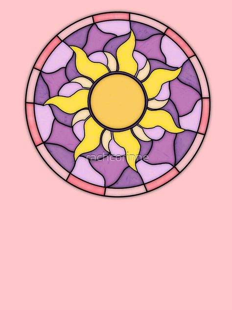 "Tangled Sun Stained Glass" T-shirt by rachcorinne | Redbubble Easy Stained Glass Painting, Rapunzel Stained Glass Art, Repunzal Sun Drawing, Tangled Stained Glass Art, Rapunzel Sun Painting, Stained Glass Drawing Easy, Tangled Sun Embroidery, Glass Stained Art, Sun Stained Glass Art