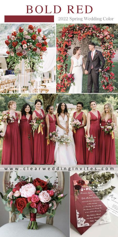 10 Popular Wedding Colors for Spring 2022 Inspired By Pantone – Clear Wedding Invites Wedding Colora, Wedding Colors For Spring, Wedding Colors 2025, Apple Red Wedding, Blush Wedding Colour Scheme, August Wedding Colors, Place Settings Wedding, Crimson Wedding, Wedding Color Schemes Spring