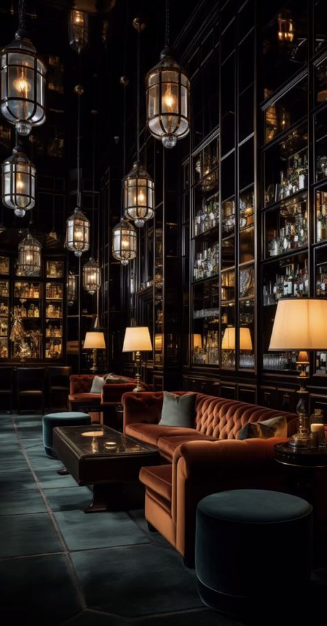 Gentleman’s Club Aesthetic, Dark Academia Bar Aesthetic, Gentleman’s Club, Roaring 20s Interior Design, Gentlemens Club Aesthetic, Brick Basement Bar, Vintage Speakeasy Aesthetic, Garage Speakeasy, Speakeasy Lighting