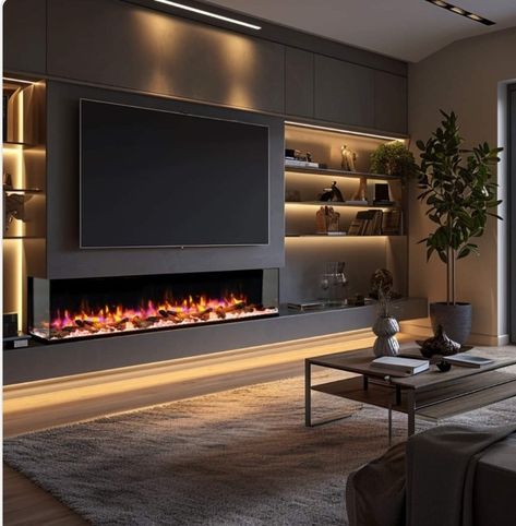 Tv And Fire Wall Ideas Modern, Fireplace Ideas Modern Contemporary, Media Wall With Fireplace And Tv, Media Wall Ideas With Fireplace, Media Wall With Fire, Fireplace Media Wall, Living Room Built In Units, Modern Fireplace Ideas Living Rooms, Dream Family Room