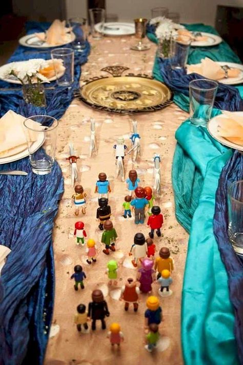 Parting of the Red Sea Passover Table Scape #passover #passoverdecorations #passoversedar #passovercraft #tablescape #lego Passover Decorations Table Settings, Passover Table Setting, Diy With Kids, Feast Of Unleavened Bread, Passover Crafts, Seder Meal, Seder Table, Passover Table, Passover Decorations