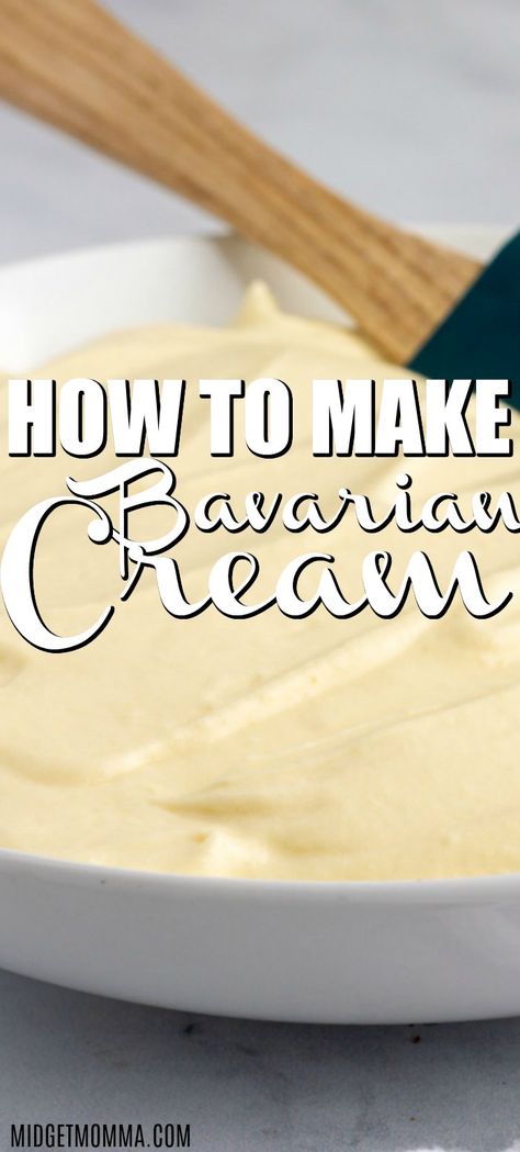 Bavarian Cream Recipe - How to make Bavarian Cream for cake and donuts filling. Super easy to make and tastes delicious! Donuts Filling, Bavarian Cream Recipe, Cream For Cake, Bavarian Cream Filling, Cream Filling Recipe, Donut Filling, Pastry Cream Recipe, Cake Filling Recipes, Bavarian Cream