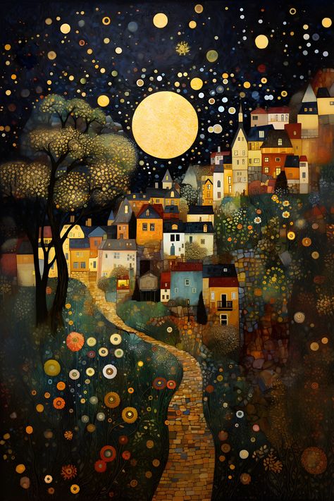 Art Klimt, Klimt Inspired, Whimsical Art Paintings, Klimt Art, Big Lake, Moon Night, Whimsical Decor, Art Print Wall, Vintage Oil Painting