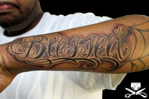 Blessed Tattoo On Arm, Blessed Tattoo For Men, Tiny Disney Tattoo, Girl Side Tattoos, Girl Spine Tattoos, Blessed Tattoo, Blessed Tattoos, Simple Hand Tattoos, Cool Tattoos For Girls