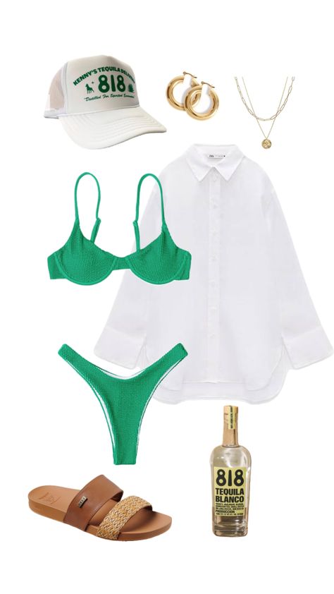 Outfit Inspo With Trucker Hat, Flordia Outfits Ideas, Styling Trucker Hat, Cute Beach Hat, Summer Outfits Swimsuit, Trucker Hat Summer Outfit, River Day Outfit Summer, Green Swimsuit Outfit, Boat Outfit Women Summer