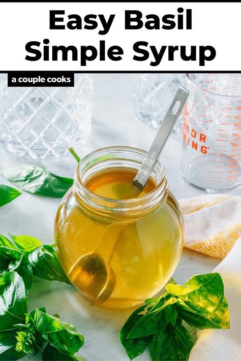 Basil simple syrup is perfect for infusing a fresh, herbaceous flavor into cocktails and mocktails! Here’s how to make it at home. Basil Syrup, Basil Simple Syrup, Cold Dip Recipes, Gingerbread Syrup, Cocktails And Mocktails, Basil Lemonade, Winter Salad Recipes, A Couple Cooks, Vegan Recipes Plant Based