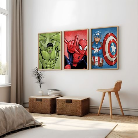 Set of 5 Colorful Supehero Wall Art, Boy Bedroom Decor, Kids Printables, Superheroes Theme, Digital Download - Etsy Canada Big Kid Room Boy Bedrooms, Superhero Bedroom Ideas Boys, Toddler Marvel Bedroom, Marvel Toddler Boy Room, Boys Spiderman Bedroom Ideas, Marvel Room Ideas Boy Bedrooms, Boys Avengers Bedroom Ideas, Marvel Bedroom Ideas Boy Rooms, Boys Marvel Bedroom Ideas