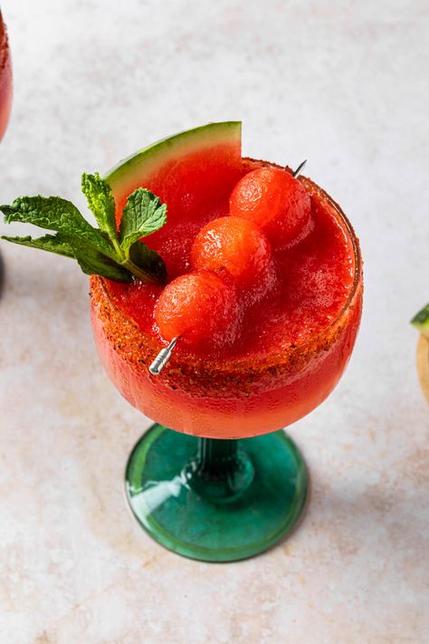 Blended Margarita, Frozen Watermelon Margarita, Melon Balls, Watermelon Ball, Chili Lime Seasoning, Frozen Watermelon, Watermelon Margarita, Silver Tequila, Chili Lime