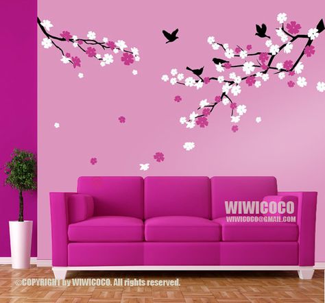 Pink Painted Walls, Simple Wall Paintings, Wall Painting Living Room, Wall Color Combination, Tree Branch Wall, Diy Wall Painting, Wall Texture Design, Interior Wall Paint