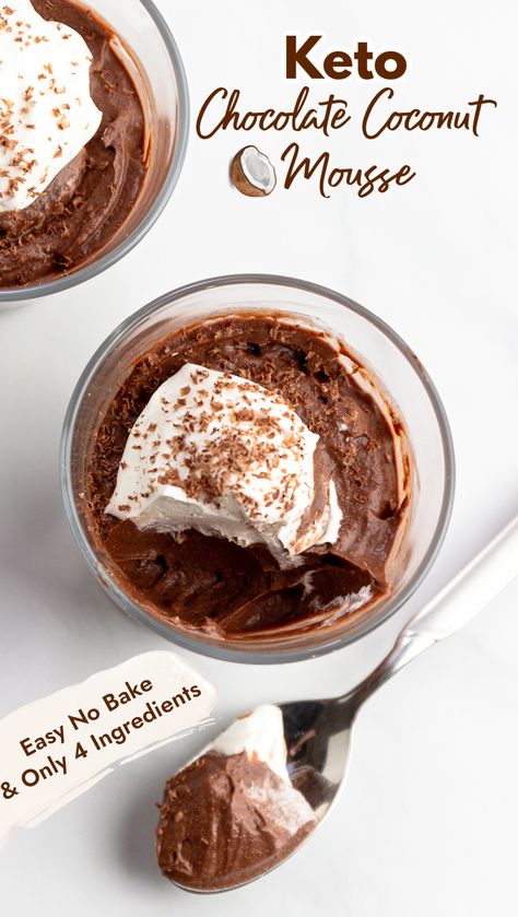 Two cups of chocolate coconut mousse with whipped cream and a spoonful next to the cups. Keto Coconut Dessert Recipes, Low Carb Coconut Desserts, Keto Mousse Chocolate, Paleo Dessert Easy, Coconut Cream Mousse, Csid Recipes, Keto Fluff, Keto Chocolate Coconut, Keto Mousse