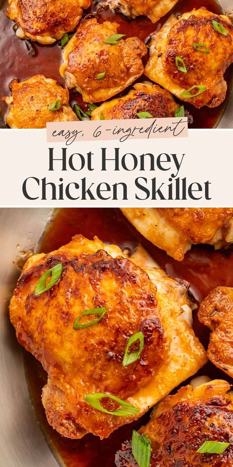 Crispy, perfectly tender, and swaddled in the most delicious hot honey sauce, this skillet chicken dinner recipe is simple but unbelievably good! My family could eat this every night, it’s just that delicious… and oh so quick and easy to make! Hot Honey Grilled Chicken, Honey Sauce For Chicken, Skillet Chicken Dinner, Skillet Chicken Recipes, Honey Grilled Chicken, Hot Honey Sauce, Hot Honey Recipe, Hot Honey Chicken, Clean Dinner Recipes