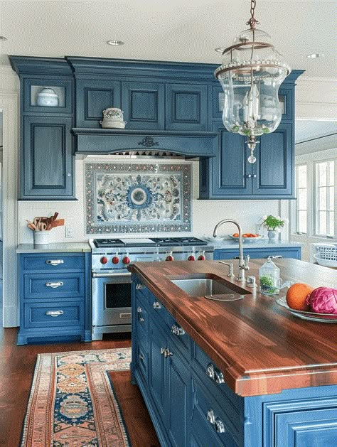 Brown And Blue Kitchen Ideas Blue Kitchen Ideas Walls, Blue And Wood Kitchen Ideas, Light Blue Kitchen Cabinets With Brown Countertops, Blue Boho Kitchen Ideas, House Inspo Interior, Blue Kitchen Wood Countertop, Kitchen Ideas Color Schemes, Kitchen Backsplash Ideas Blue, Kitchen Blue Cabinets Wood Counter