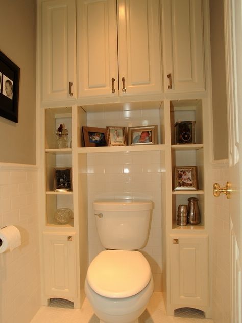 shelf behind toilet | Working With Small Spaces: Storage in a Powder Room! | Homeowner ... Small Bedrooms, Room Decorations, Makeover Kamar Mandi, Bathroom Storage Solutions, Decor Baie, Great Bathrooms, Bathroom Redo, Traditional Bathroom, Bath Remodel