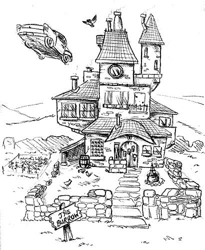 the burrow The Burrow Harry Potter, Drawing Harry Potter, Harry Potter Weihnachten, Harry Potter Sketch, Harry Potter Coloring Pages, Art Harry Potter, Harry Potter Art Drawings, The Burrow, Couple Drawing